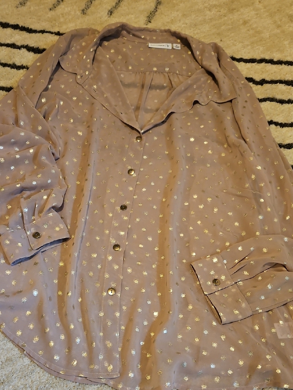 Susan Graver Taupe Button-Front Blouse with Gold Dots